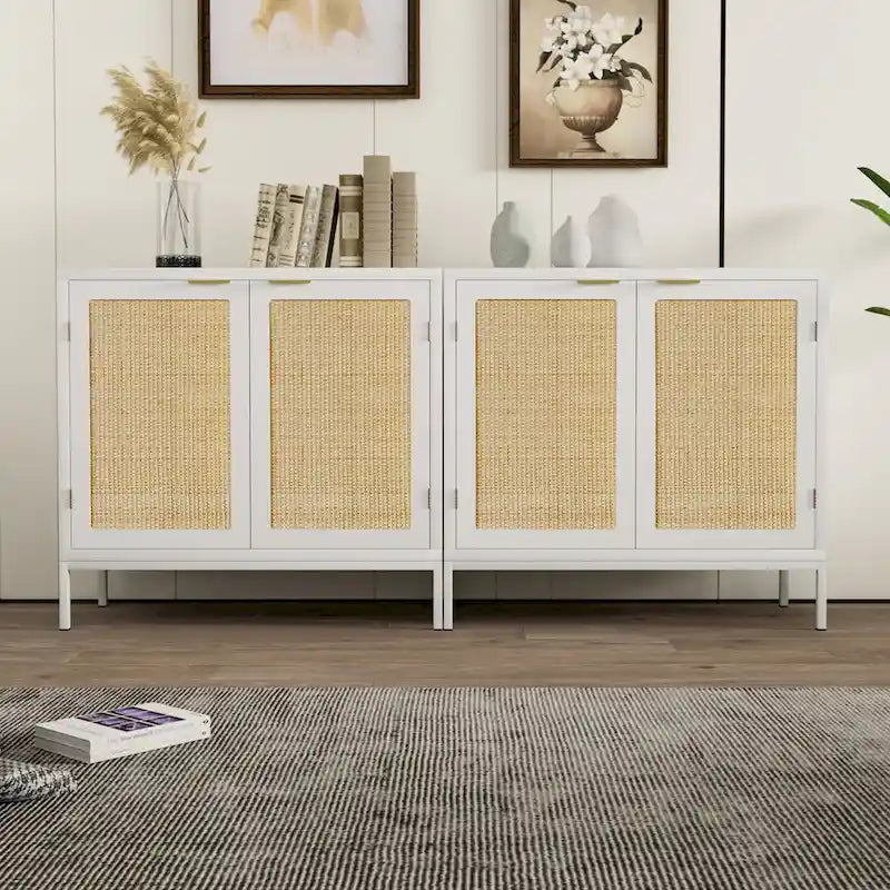 Aparador tipo bufé de ratán blanco con 2 puertas