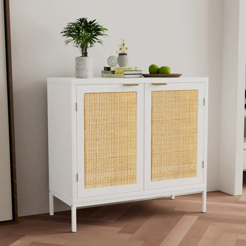 Aparador tipo bufé de ratán blanco con 2 puertas