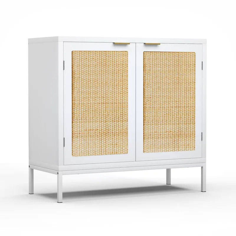 Aparador tipo bufé de ratán blanco con 2 puertas