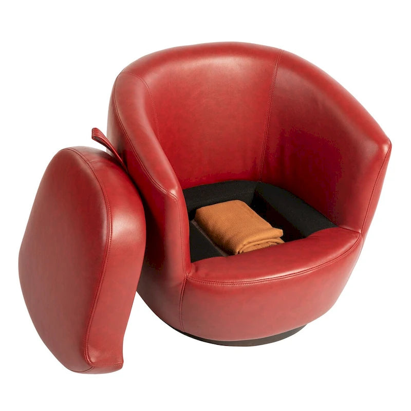 Sillón giratorio tipo barril con almacenaje en colores marrón, rojo y negro, asiento individual