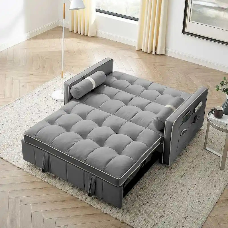Sofá cama extraíble de terciopelo gris/beige/negro, 3 posiciones ajustables, 2 personas