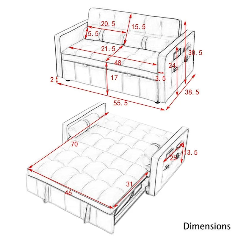 Sofá cama extraíble de terciopelo gris/beige/negro, 3 posiciones ajustables, 2 personas