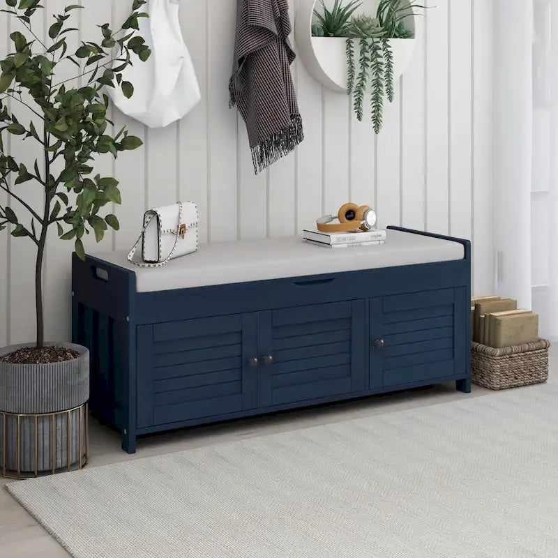 Banco de almacenamiento en gris lavado / azul marino antiguo / espresso / blanco con puertas de persiana, cojín extraíble y almacenamiento oculto, capacidad para 2 personas