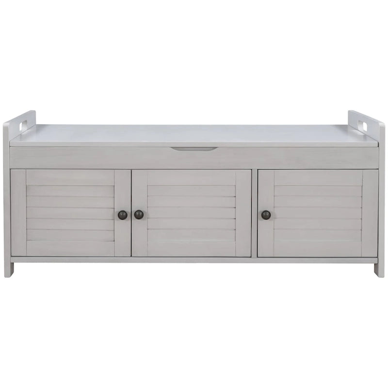 Banco de almacenamiento en gris lavado / azul marino antiguo / espresso / blanco con puertas de persiana, cojín extraíble y almacenamiento oculto, capacidad para 2 personas