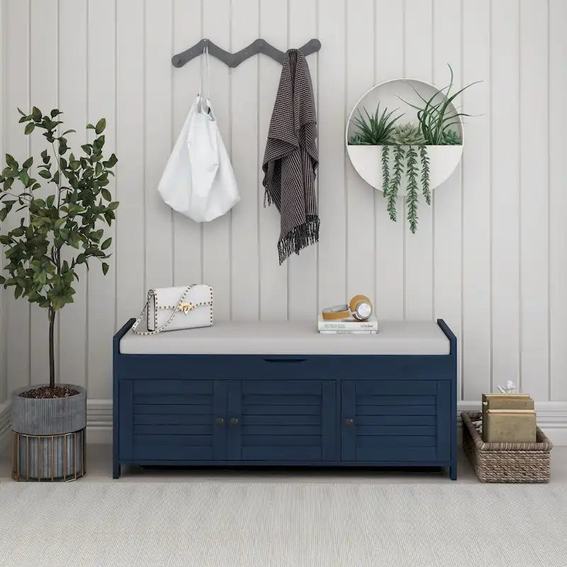 Banco de almacenamiento en gris lavado / azul marino antiguo / espresso / blanco con puertas de persiana, cojín extraíble y almacenamiento oculto, capacidad para 2 personas
