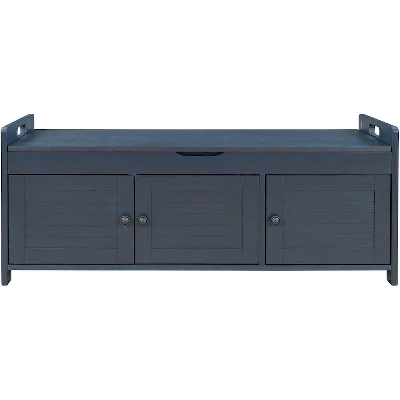 Banco de almacenamiento en gris lavado / azul marino antiguo / espresso / blanco con puertas de persiana, cojín extraíble y almacenamiento oculto, capacidad para 2 personas