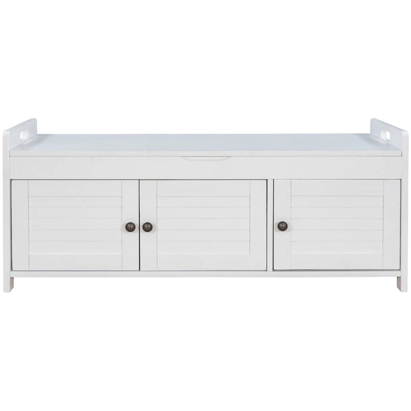 Banco de almacenamiento en gris lavado / azul marino antiguo / espresso / blanco con puertas de persiana, cojín extraíble y almacenamiento oculto, capacidad para 2 personas