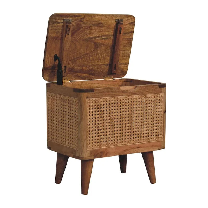 Taburete de almacenamiento con tapa de ratán tejido marrón, 1 asiento