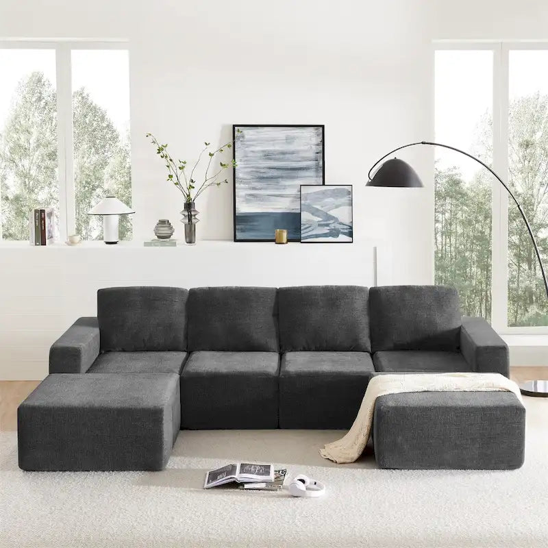 Sofá modular seccional en forma de U de 6 plazas, gris oscuro / azul marino / beige