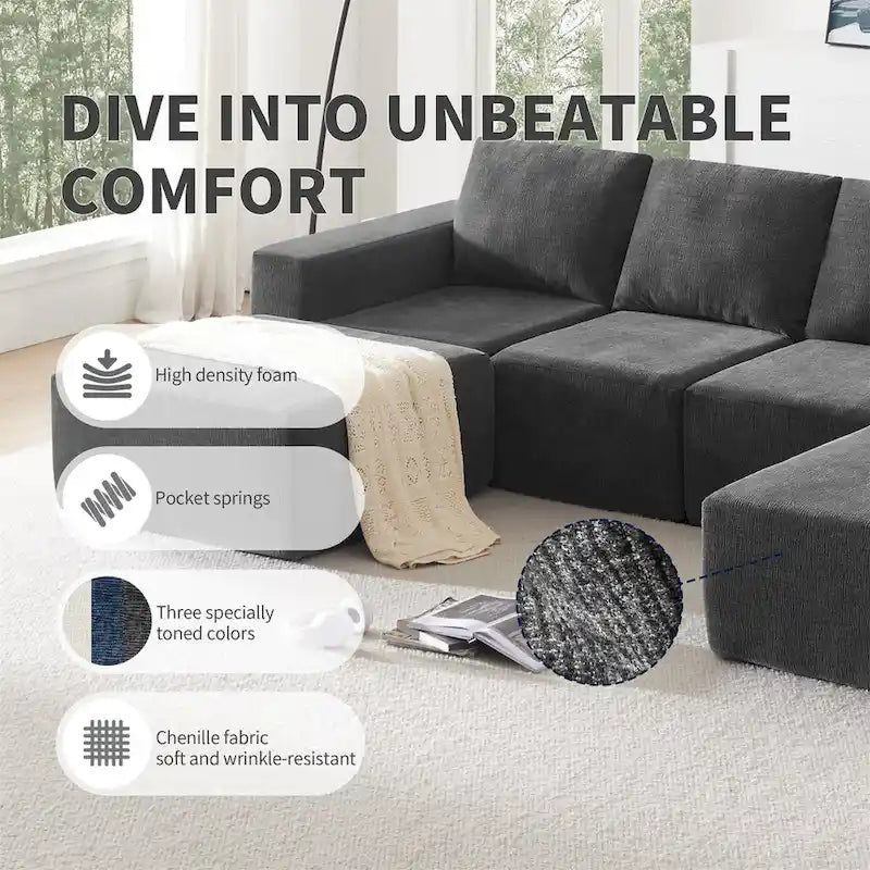 Sofá modular seccional en forma de U de 6 plazas, gris oscuro / azul marino / beige