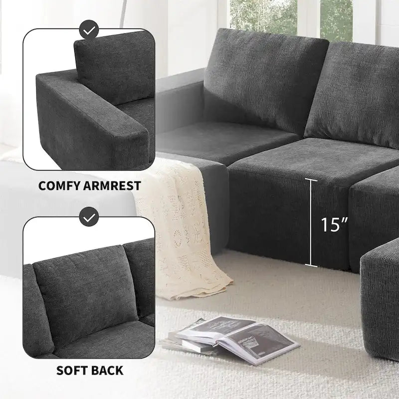 Sofá modular seccional en forma de U de 6 plazas, gris oscuro / azul marino / beige