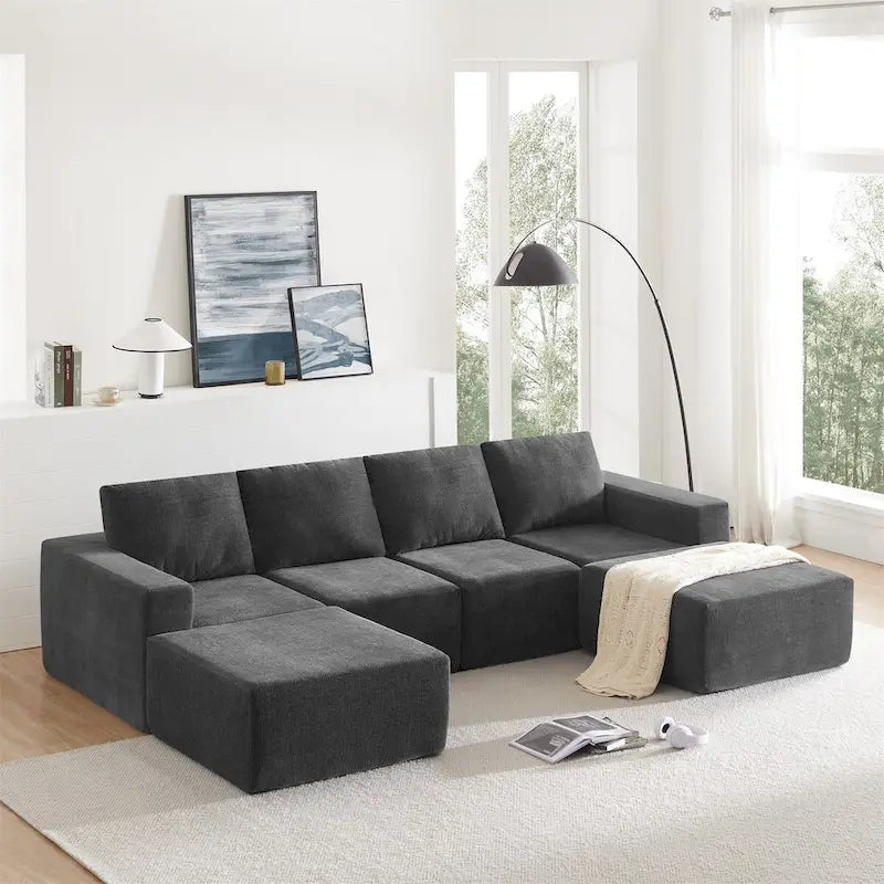 Sofá modular seccional en forma de U de 6 plazas, gris oscuro / azul marino / beige