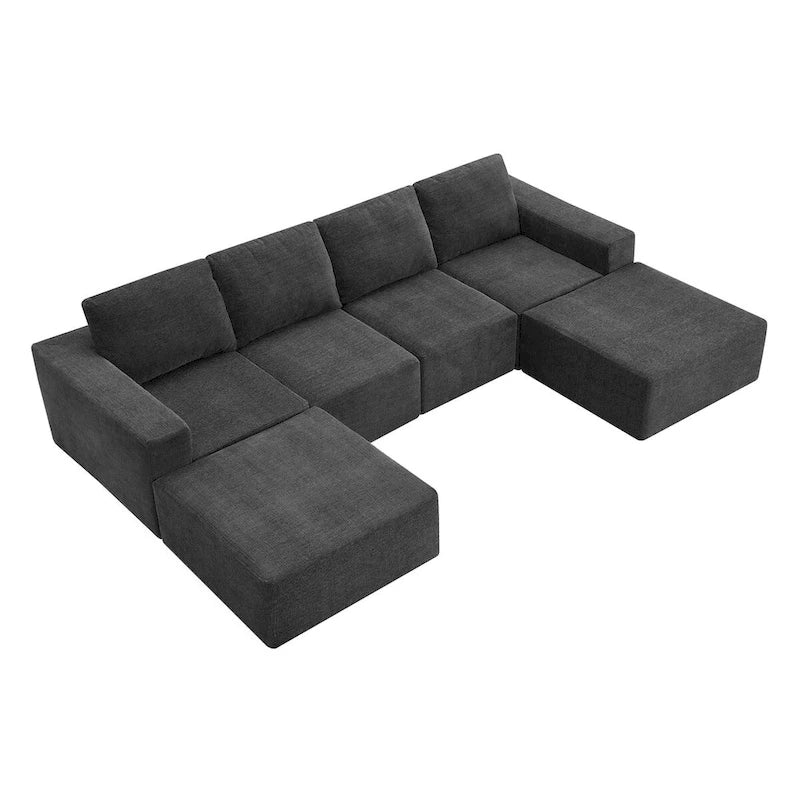 Sofá modular seccional en forma de U de 6 plazas, gris oscuro / azul marino / beige