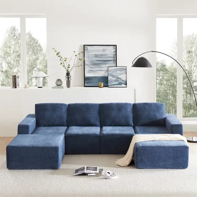 Sofá modular seccional en forma de U de 6 plazas, gris oscuro / azul marino / beige