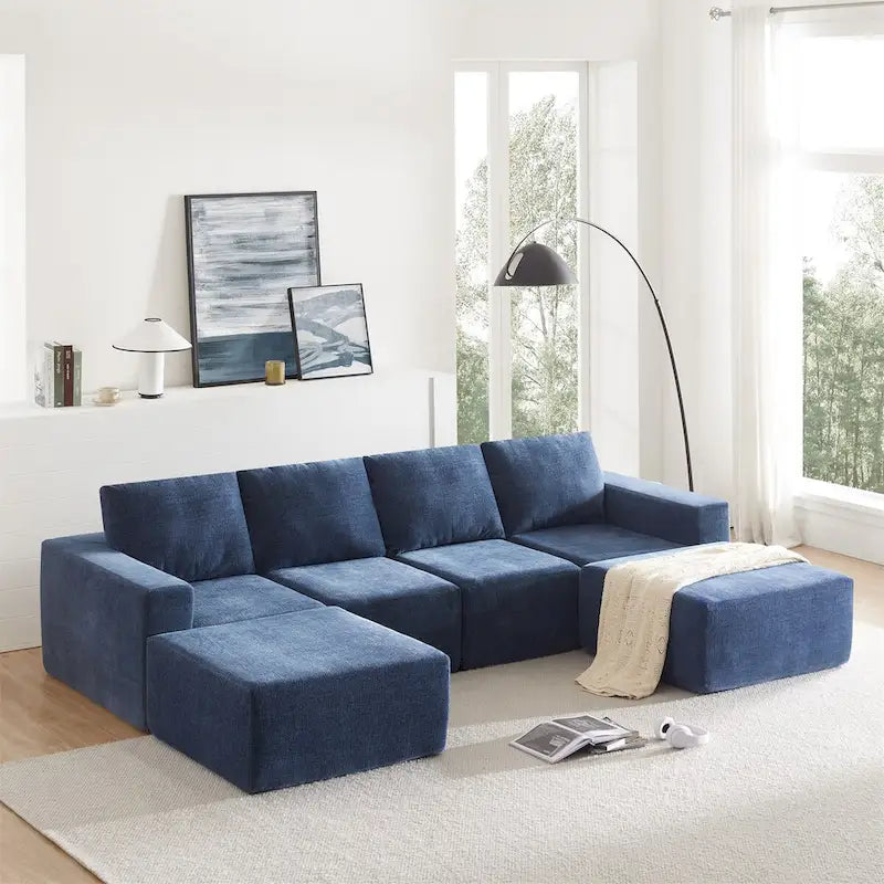 Sofá modular seccional en forma de U de 6 plazas, gris oscuro / azul marino / beige