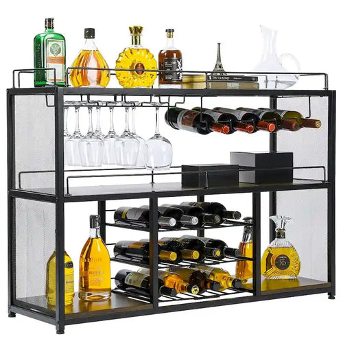 Mueble botellero negro portátil independiente con tapa de madera, para 1 persona