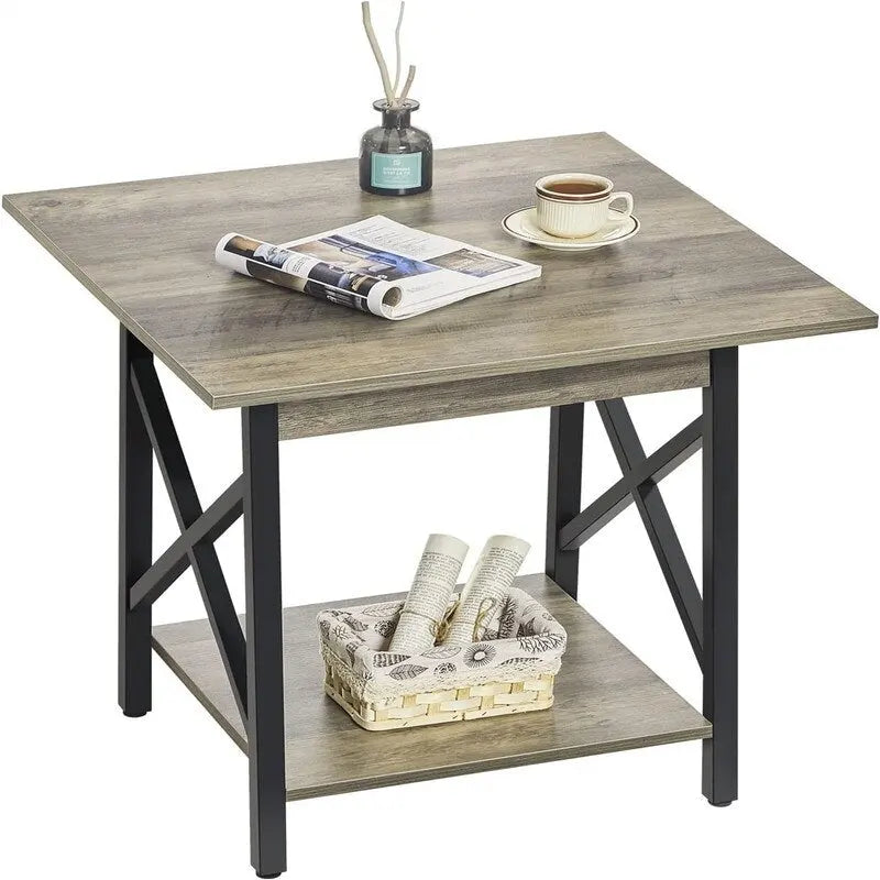 Mesa auxiliar industrial de 2 niveles, 1 pieza, gris lavado/negro/nogal rústico