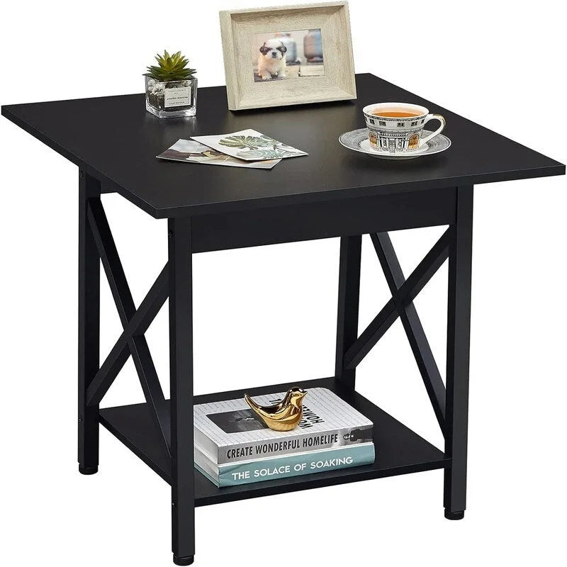 Mesa auxiliar industrial de 2 niveles, 1 pieza, gris lavado/negro/nogal rústico