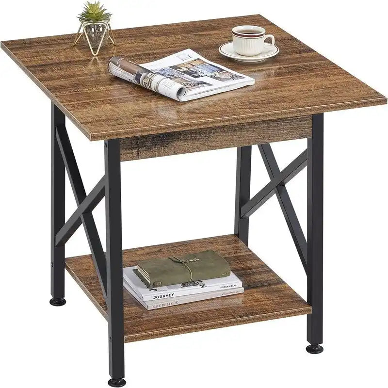 Mesa auxiliar industrial de 2 niveles, 1 pieza, gris lavado/negro/nogal rústico
