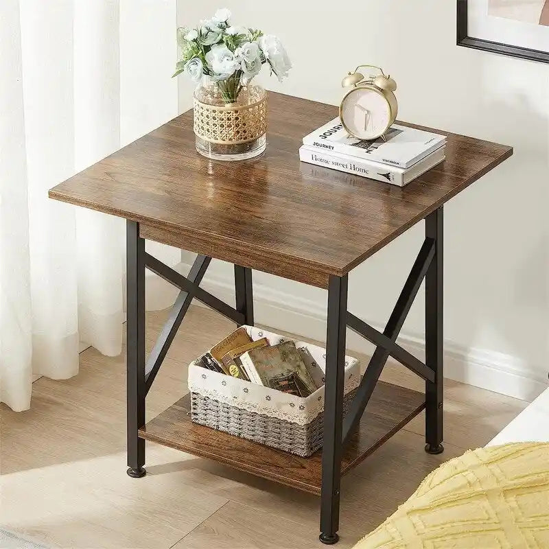 Mesa auxiliar industrial de 2 niveles, 1 pieza, gris lavado/negro/nogal rústico