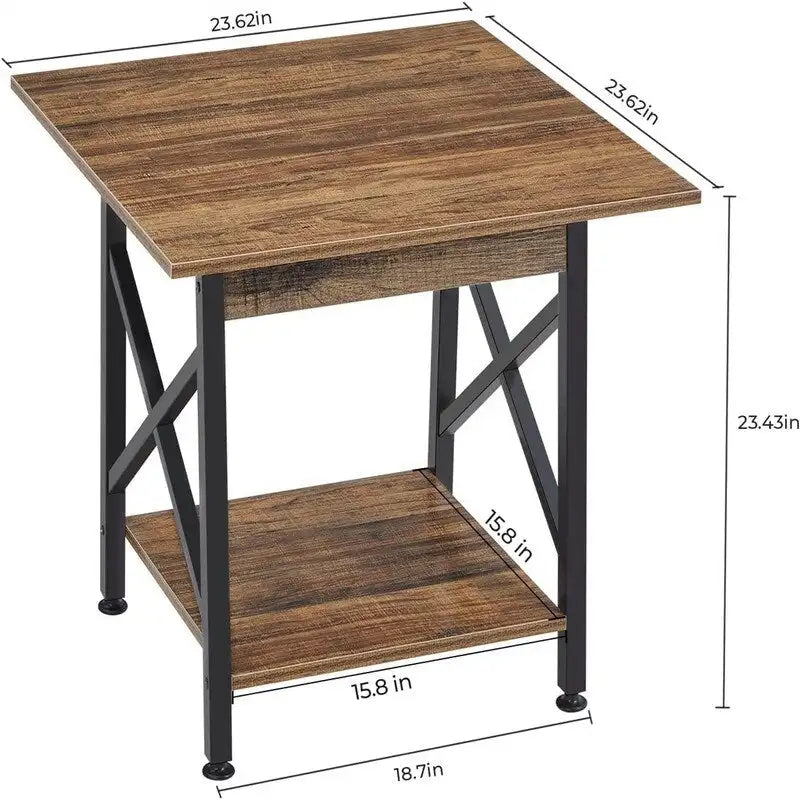 Mesa auxiliar industrial de 2 niveles, 1 pieza, gris lavado/negro/nogal rústico