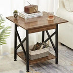Mesa auxiliar industrial de 2 niveles, 1 pieza, gris lavado/negro/nogal rústico