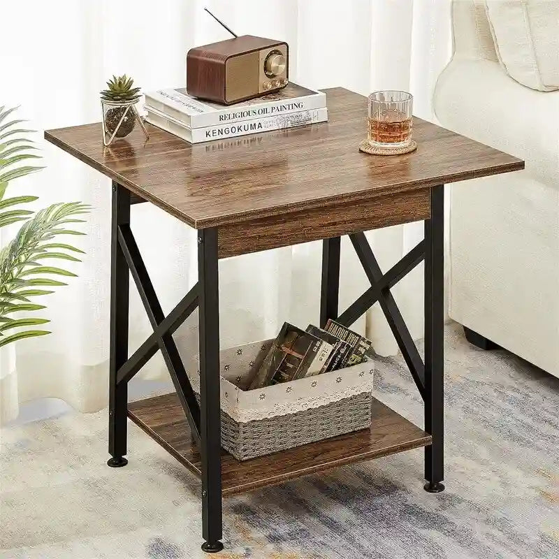 Mesa auxiliar industrial de 2 niveles, 1 pieza, gris lavado/negro/nogal rústico