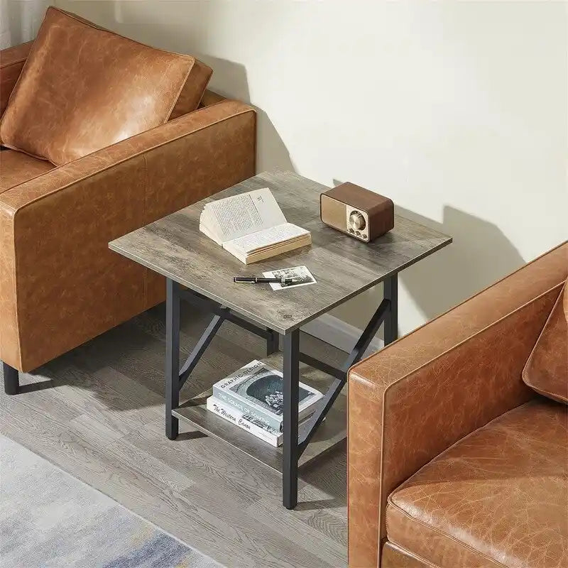 Mesa auxiliar industrial de 2 niveles, 1 pieza, gris lavado/negro/nogal rústico