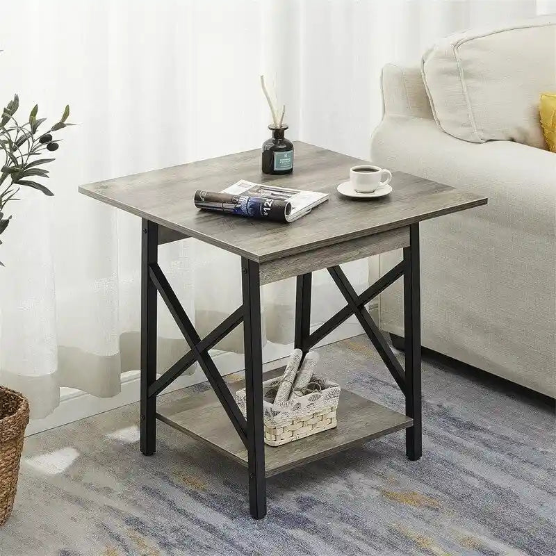 Mesa auxiliar industrial de 2 niveles, 1 pieza, gris lavado/negro/nogal rústico