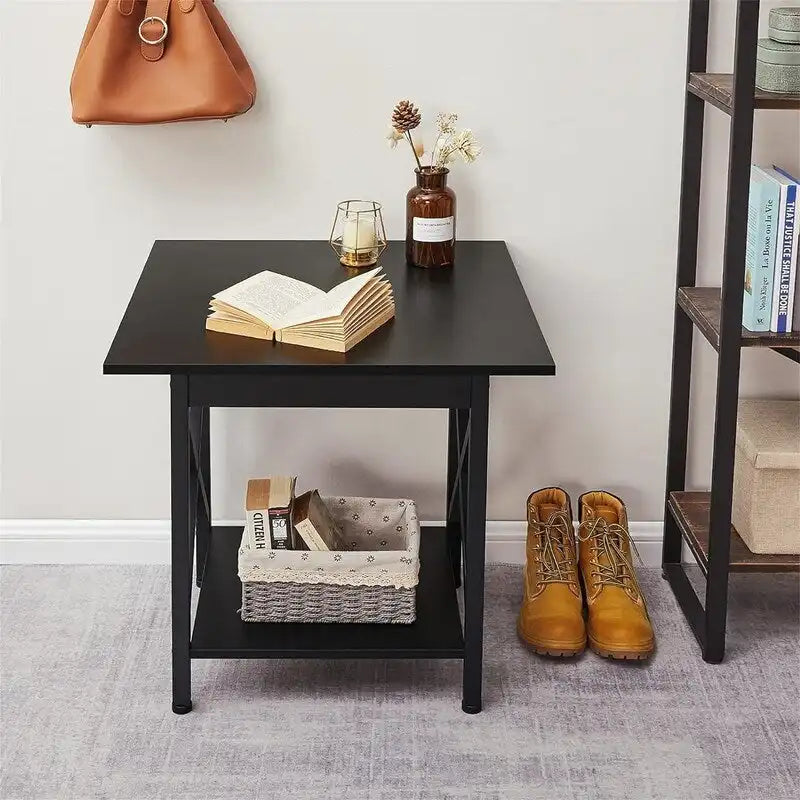 Mesa auxiliar industrial de 2 niveles, 1 pieza, gris lavado/negro/nogal rústico