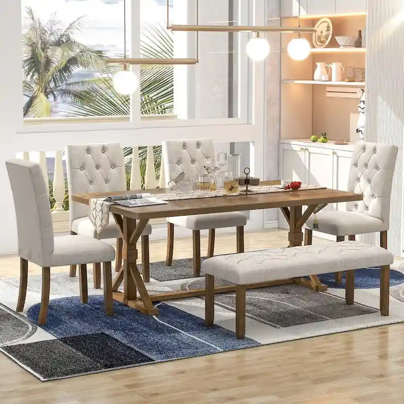 Juego de comedor de casa de campo gris/expreso/nogal, rectangular, para 6 personas