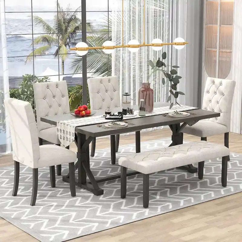 Juego de comedor de casa de campo gris/expreso/nogal, rectangular, para 6 personas