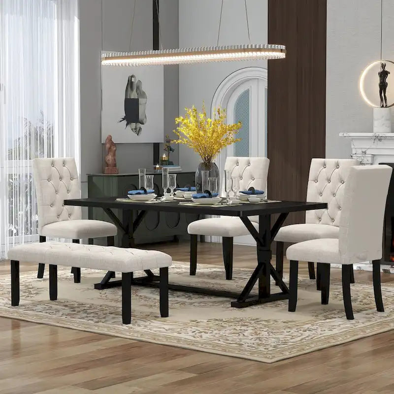 Juego de comedor de casa de campo gris/expreso/nogal, rectangular, para 6 personas