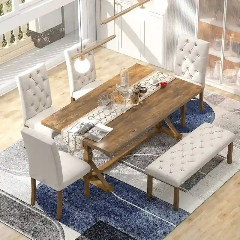 Juego de comedor de casa de campo gris/expreso/nogal, rectangular, para 6 personas