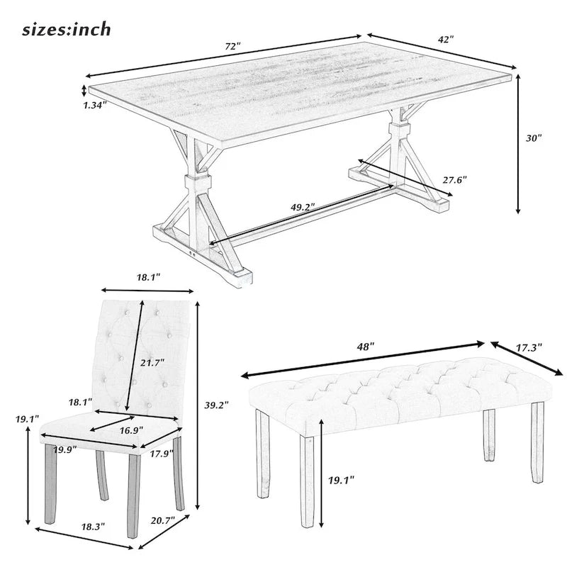 Juego de comedor de casa de campo gris/expreso/nogal, rectangular, para 6 personas