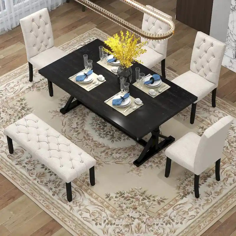 Juego de comedor de casa de campo gris/expreso/nogal, rectangular, para 6 personas