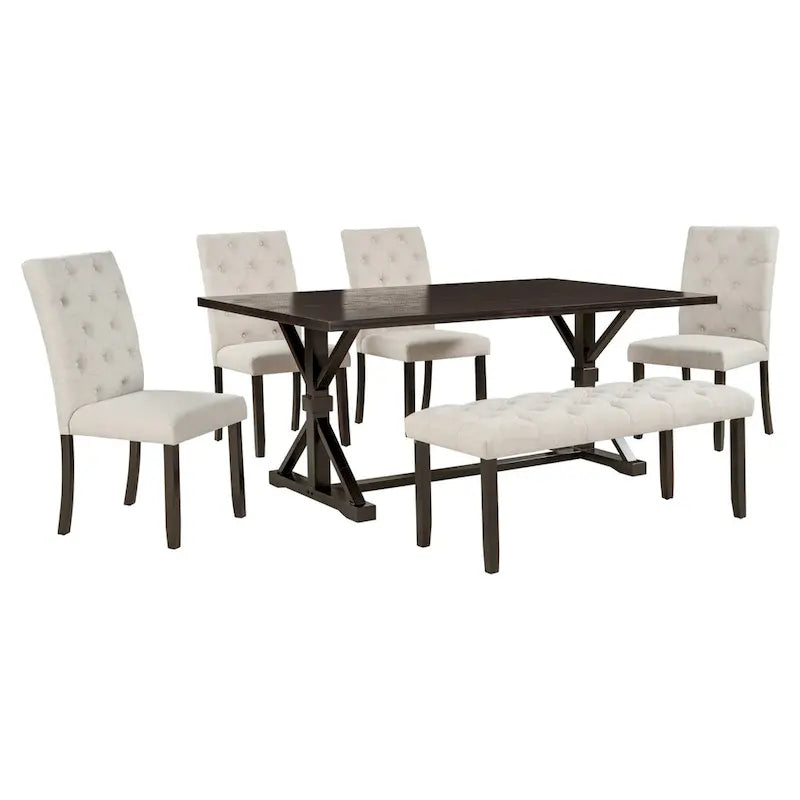 Juego de comedor de casa de campo gris/expreso/nogal, rectangular, para 6 personas