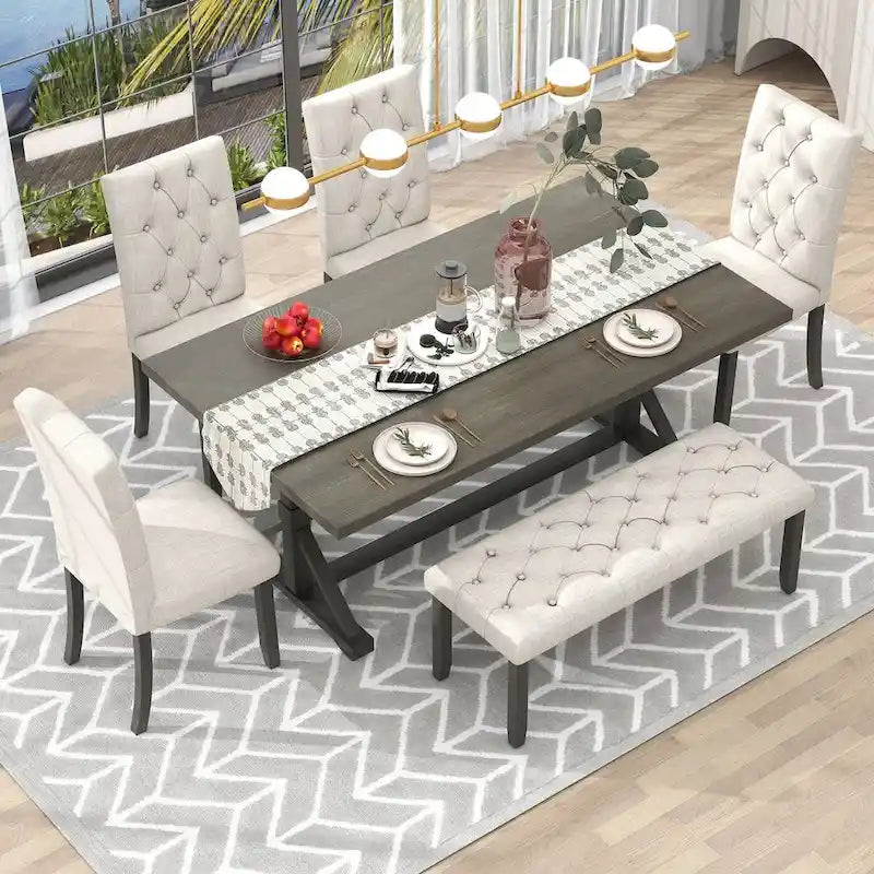 Juego de comedor de casa de campo gris/expreso/nogal, rectangular, para 6 personas
