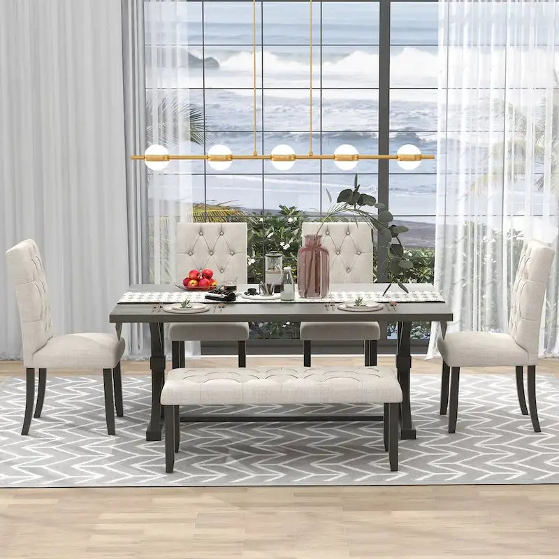 Juego de comedor de casa de campo gris/expreso/nogal, rectangular, para 6 personas