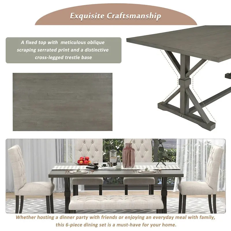 Juego de comedor de casa de campo gris/expreso/nogal, rectangular, para 6 personas
