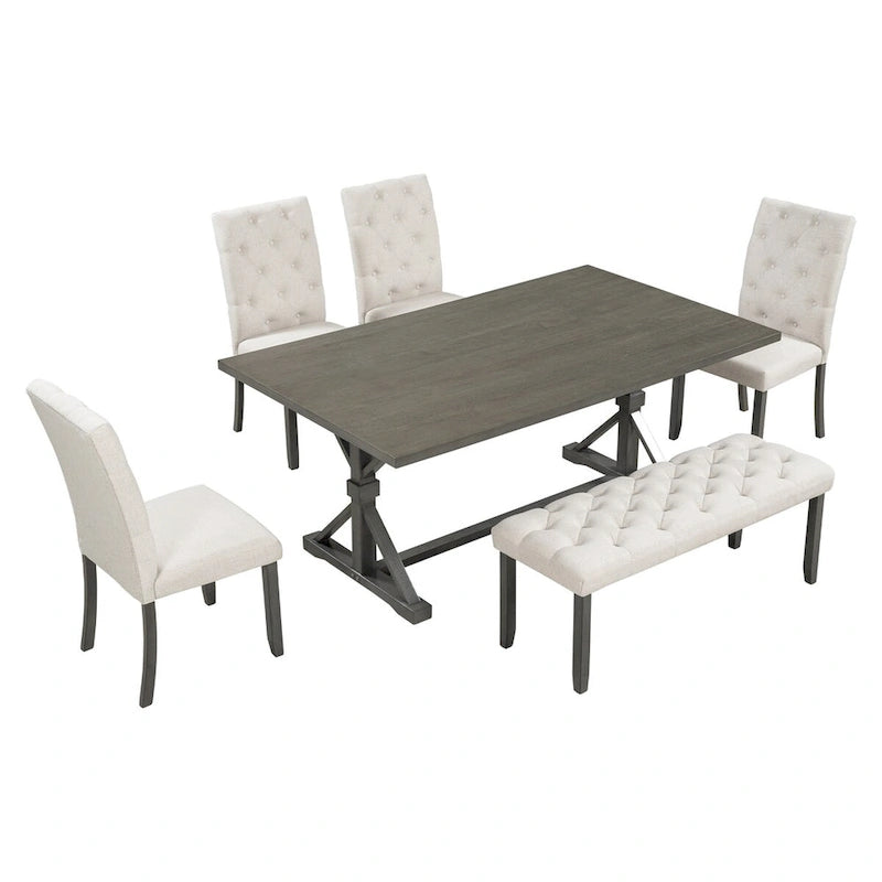 Juego de comedor de casa de campo gris/expreso/nogal, rectangular, para 6 personas