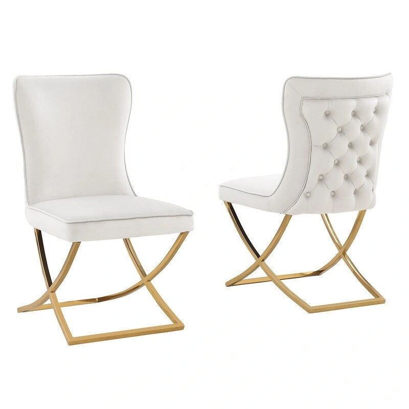 Sillas laterales tapizadas de terciopelo, respaldo curvo, juego de 2 – Beige/Dorado, Gris/Plateado, Beige/Plateado, Gris/Dorado
