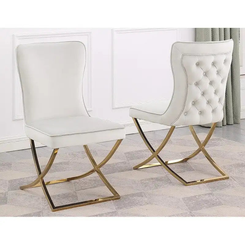 Sillas laterales tapizadas de terciopelo, respaldo curvo, juego de 2 – Beige/Dorado, Gris/Plateado, Beige/Plateado, Gris/Dorado