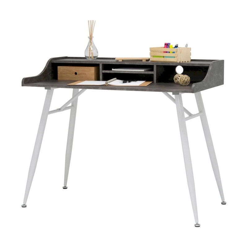Ashwood/Cemento Escritorio Moderno con Alacena y Patas Metálicas – 1 Persona
