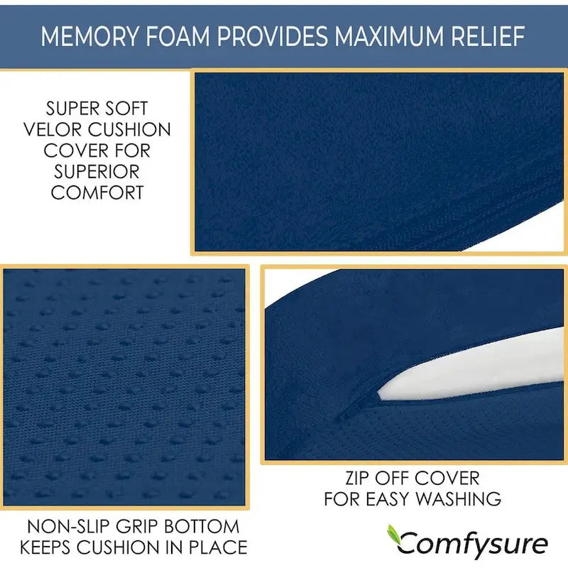 Cojín de cuña de espuma viscoelástica gris/azul para asiento de coche – Alivio del dolor, 1 persona