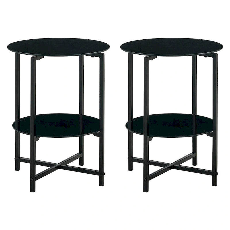 Mesa auxiliar redonda de cristal templado negro, juego de 2