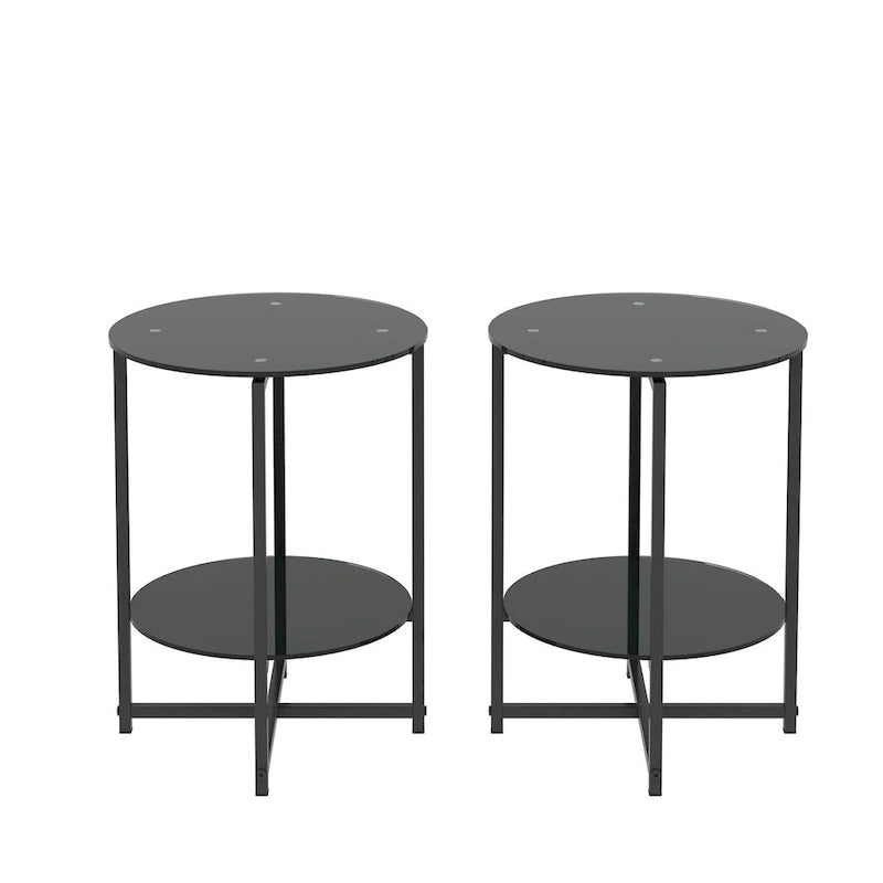 Mesa auxiliar redonda de cristal templado negro, juego de 2