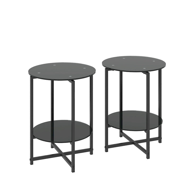 Mesa auxiliar redonda de cristal templado negro, juego de 2