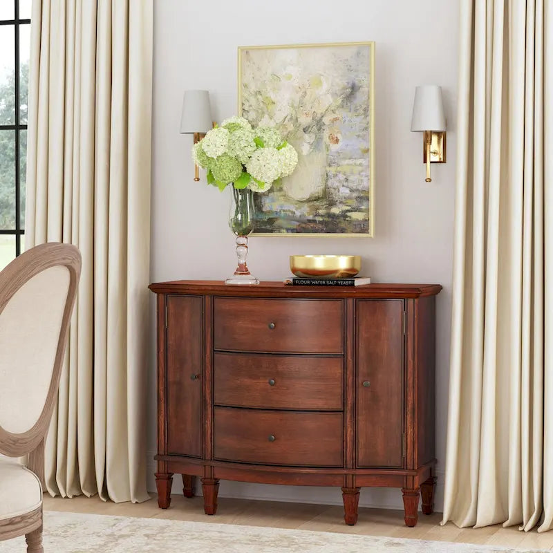 Gabinete de consola cerezo marrón/marrón/beige antiguo, 3 cajones y 2 puertas