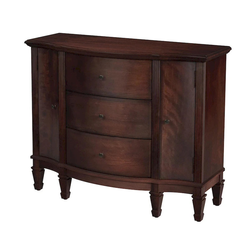 Gabinete de consola cerezo marrón/marrón/beige antiguo, 3 cajones y 2 puertas